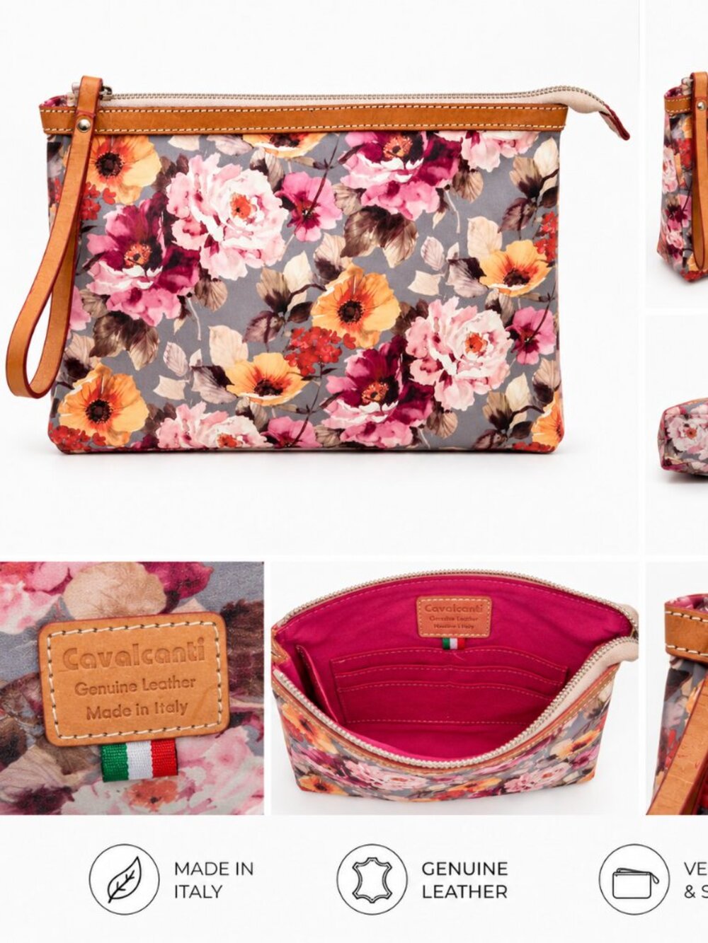 Cavalcanti Italian Leather Floral Wristlet Clutch Cosmetic Pouch Gray Pink